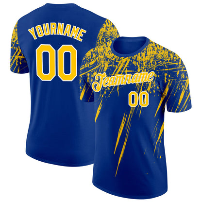 Custom Royal Yellow-White Distressed Scratch Brush Stroke Performance T-Shirt