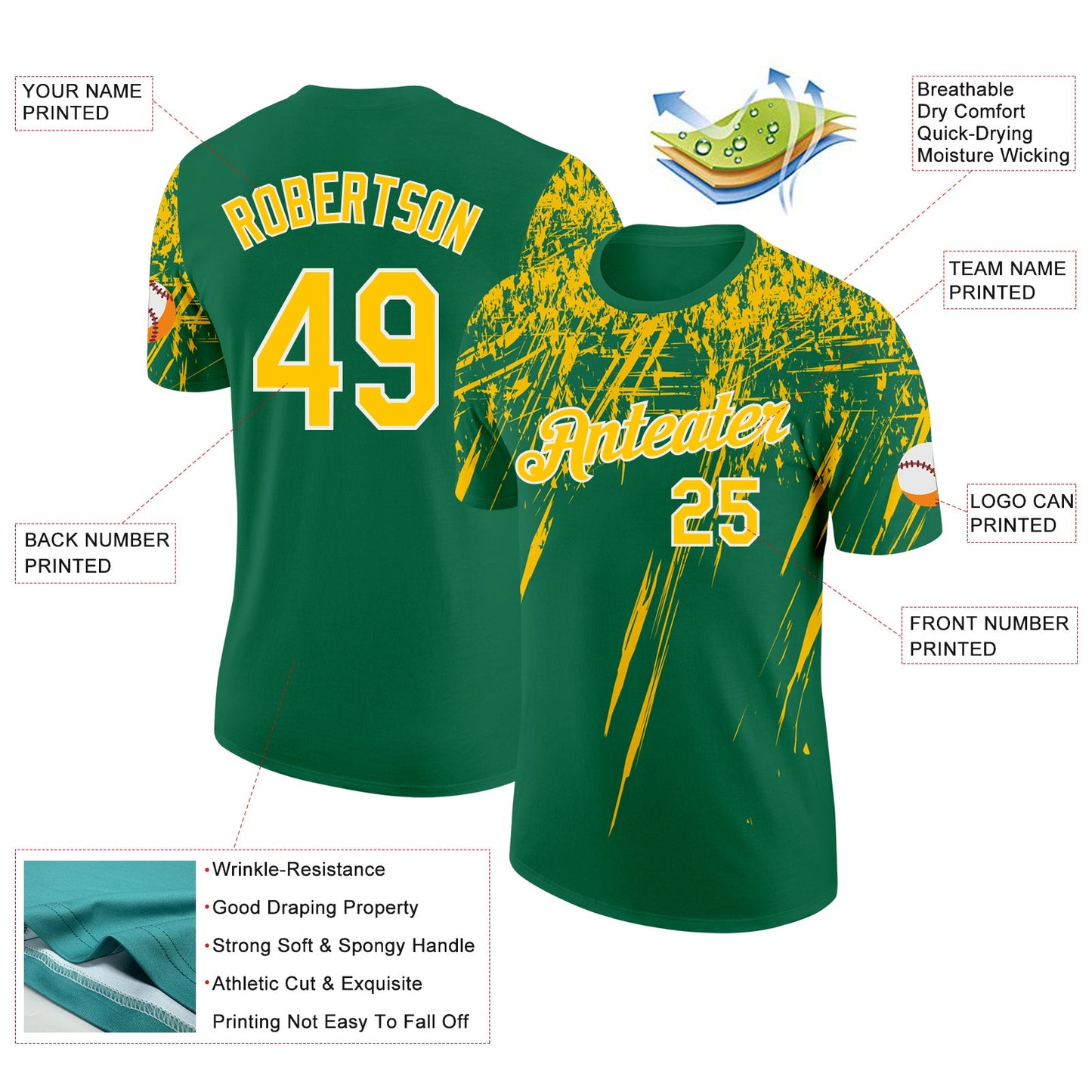 Custom Kelly Green Yellow-White Distressed Scratch Brush Stroke Performance T-Shirt