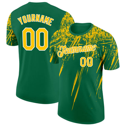 Custom Kelly Green Yellow-White Distressed Scratch Brush Stroke Performance T-Shirt