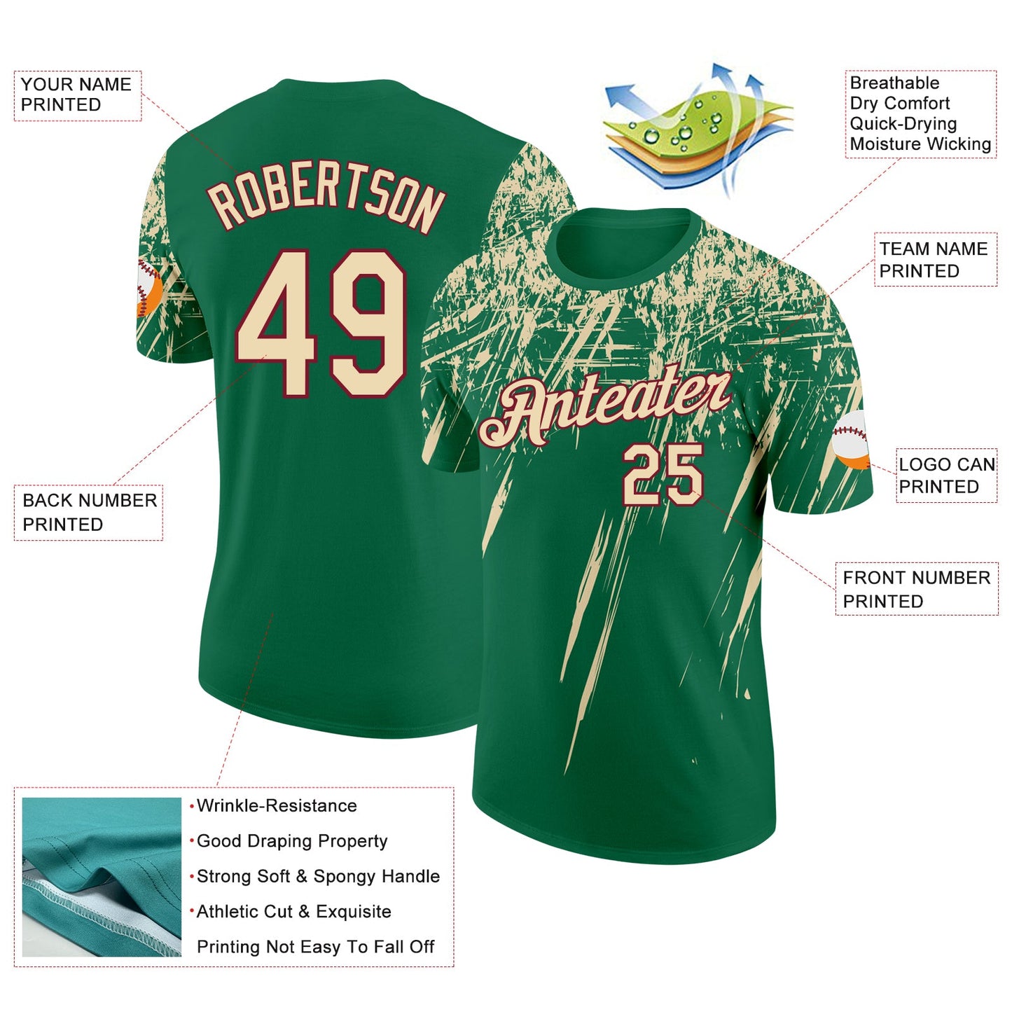 Custom Kelly Green Cream-Crimson Distressed Scratch Brush Stroke Performance T-Shirt