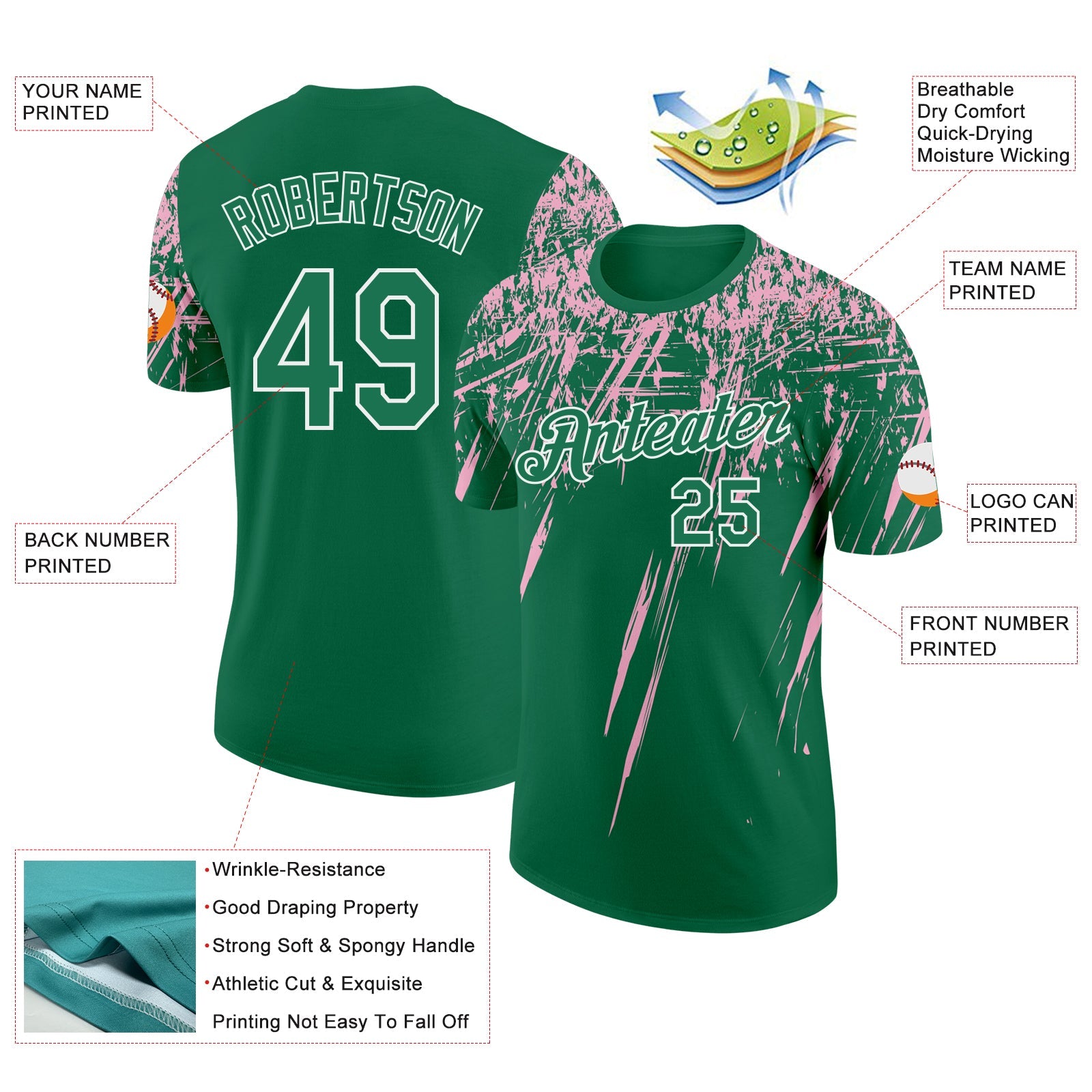 Custom Kelly Green Light Pink-White Distressed Scratch Brush Stroke Performance T-Shirt
