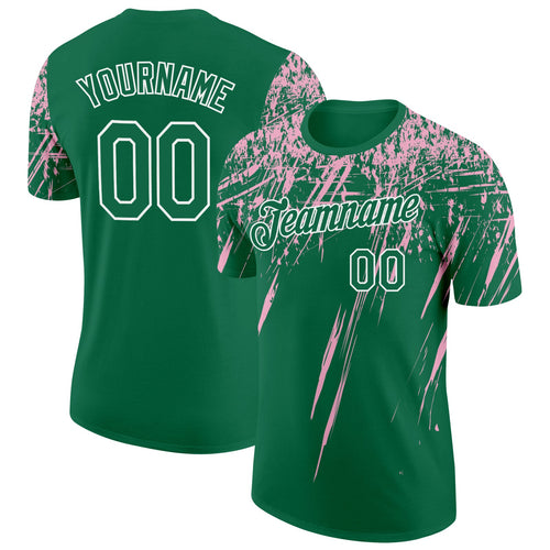 Custom Kelly Green Light Pink-White Distressed Scratch Brush Stroke Performance T-Shirt