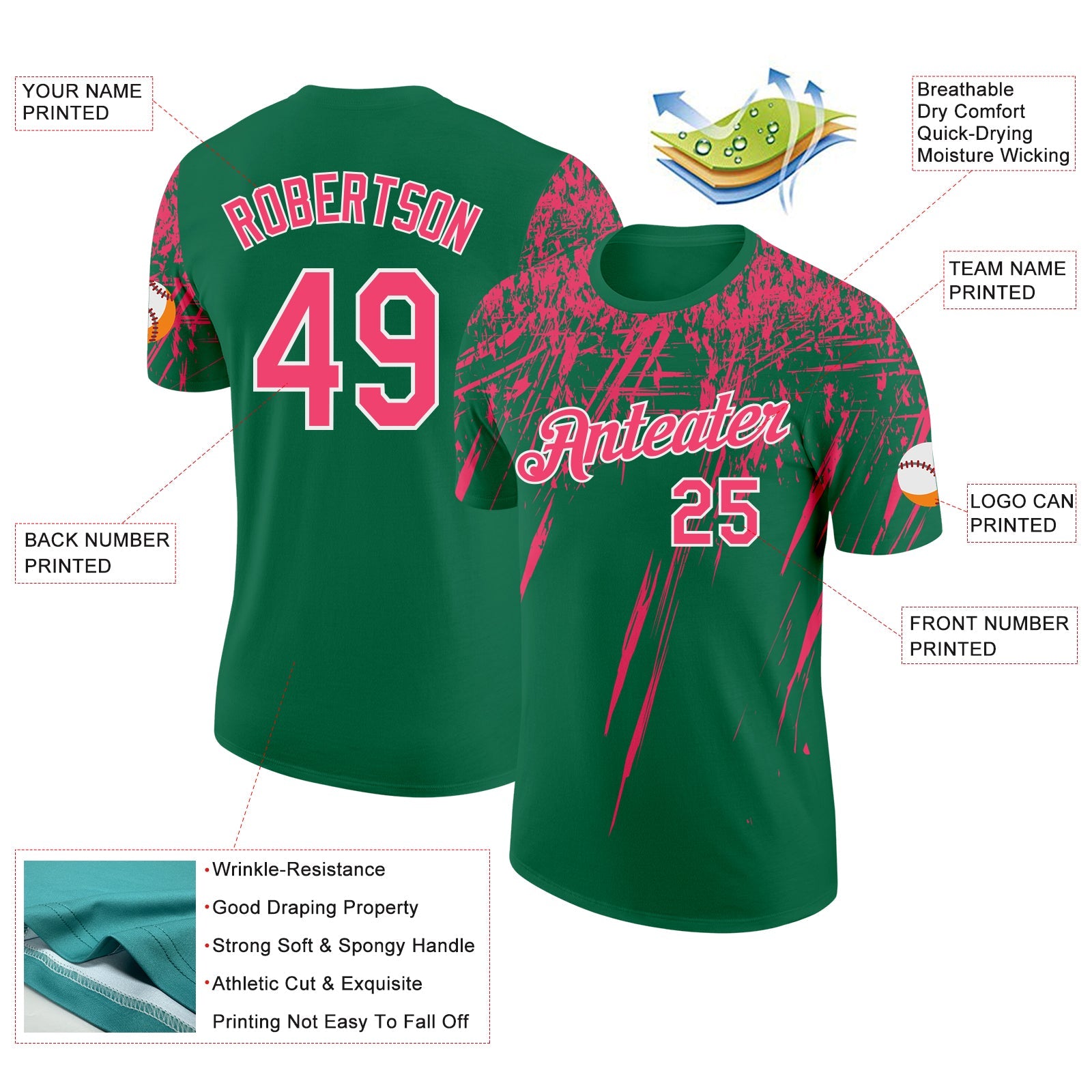 Custom Kelly Green Neon Pink-White Distressed Scratch Brush Stroke Performance T-Shirt