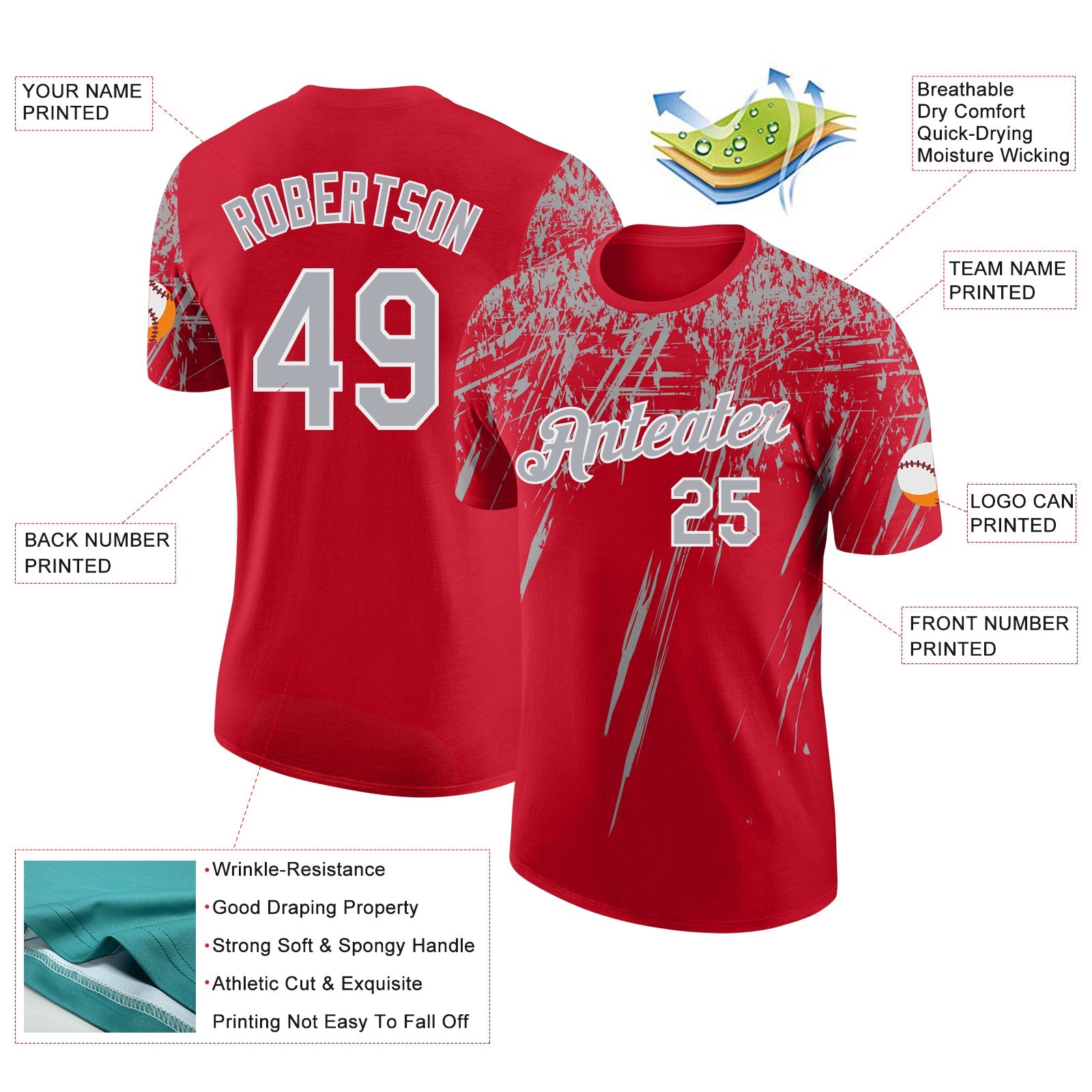 Custom Red Gray-White Distressed Scratch Brush Stroke Performance T-Shirt