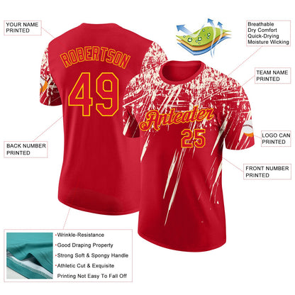 Custom Red Cream-Yellow Distressed Scratch Brush Stroke Performance T-Shirt
