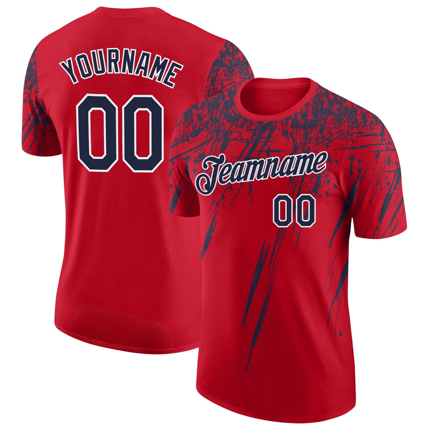 Custom Red Navy-White Distressed Scratch Brush Stroke Performance T-Shirt