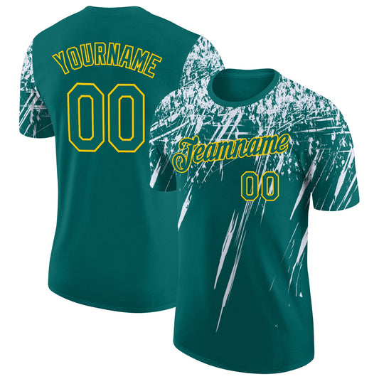 Custom Teal White-Yellow Distressed Scratch Brush Stroke Performance T-Shirt