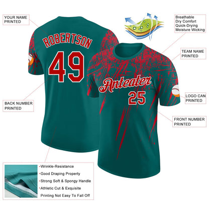 Custom Teal Red-White Distressed Scratch Brush Stroke Performance T-Shirt
