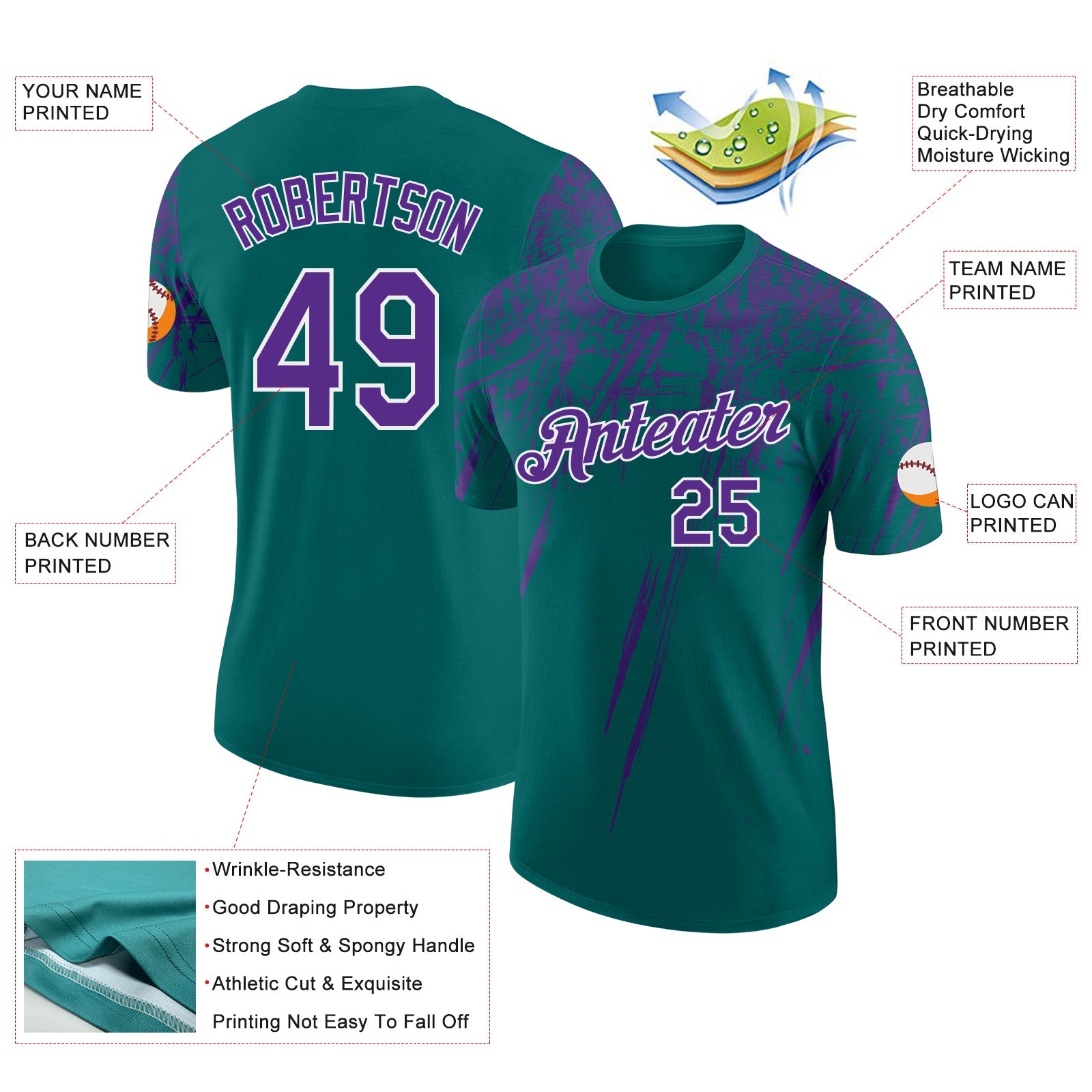 Custom Teal Purple-White Distressed Scratch Brush Stroke Performance T-Shirt