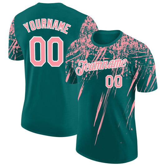 Custom Teal Medium Pink-White Distressed Scratch Brush Stroke Performance T-Shirt