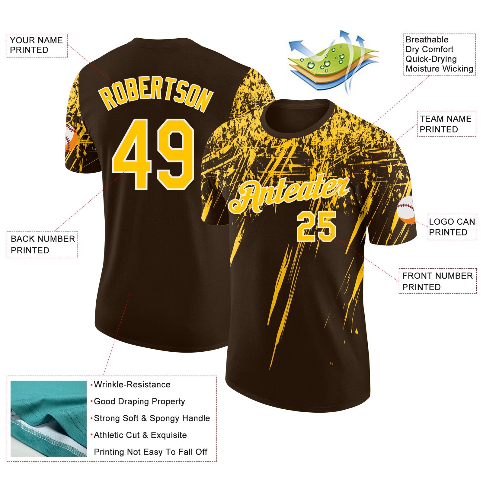 Custom Brown Yellow-White Distressed Scratch Brush Stroke Performance T-Shirt