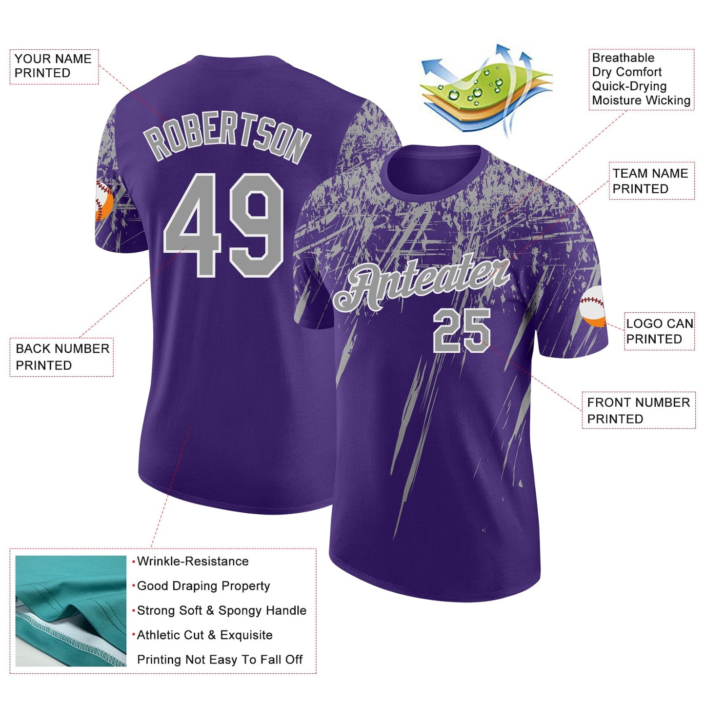 Custom Purple Gray-White Distressed Scratch Brush Stroke Performance T-Shirt