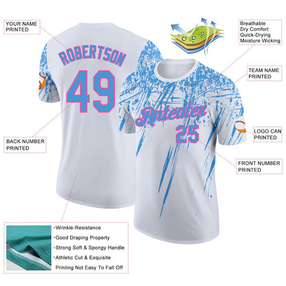 Custom White Powder Blue-Pink Distressed Scratch Brush Stroke Performance T-Shirt