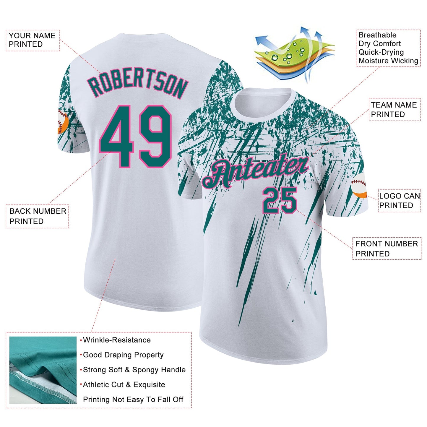Custom White Teal-Pink Distressed Scratch Brush Stroke Performance T-Shirt