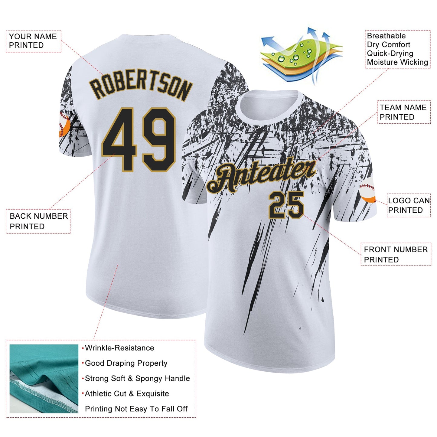 Custom White Black-Old Gold Distressed Scratch Brush Stroke Performance T-Shirt