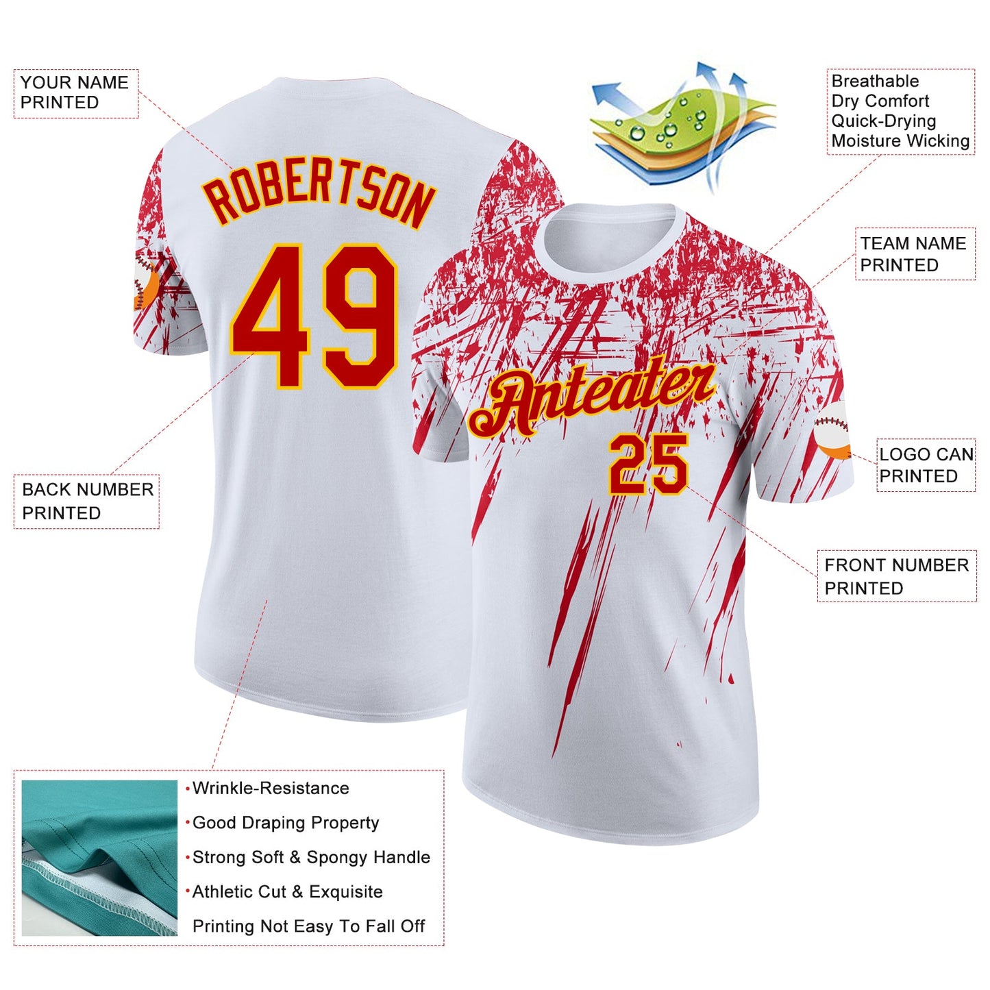 Custom White Red-Yellow Distressed Scratch Brush Stroke Performance T-Shirt