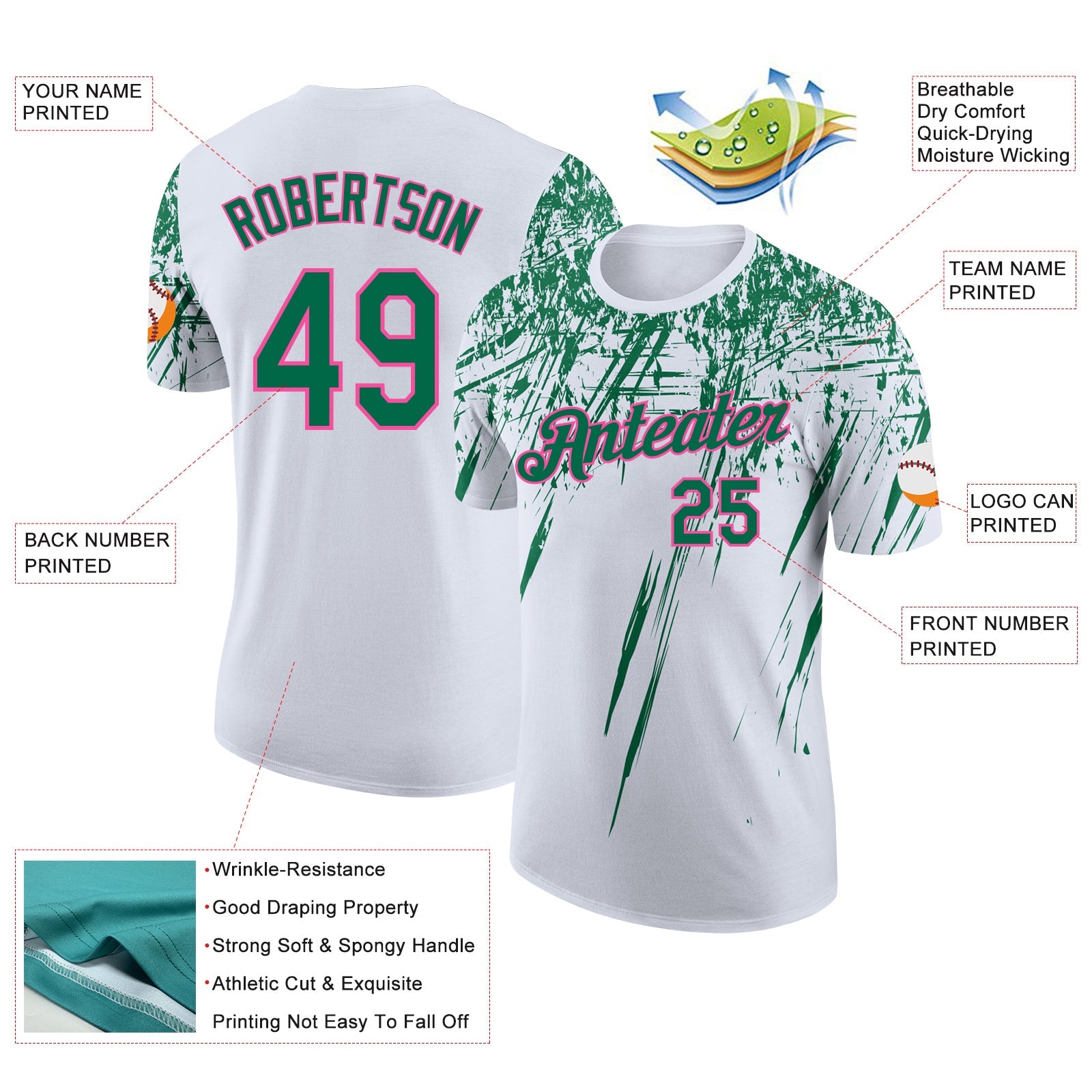 Custom White Kelly Green-Pink Distressed Scratch Brush Stroke Performance T-Shirt