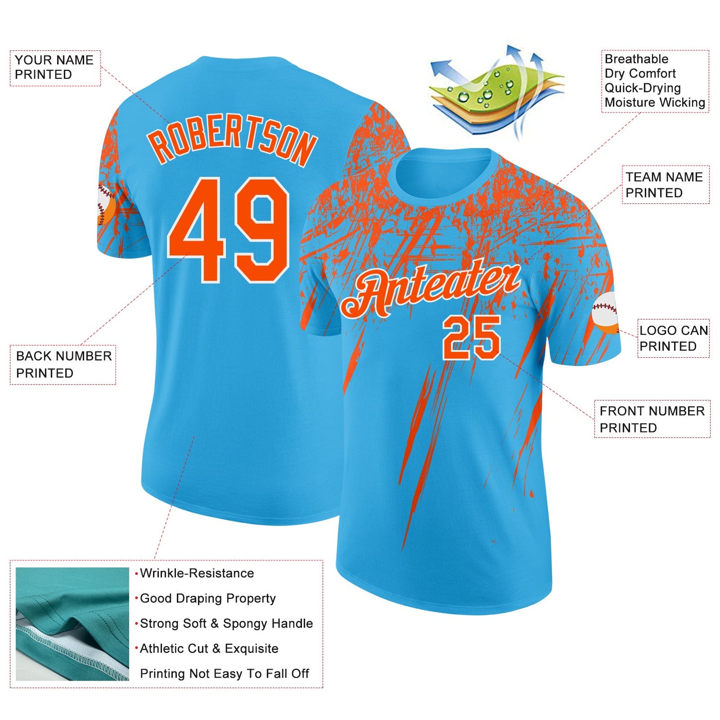 Custom Sky Blue Orange-White Distressed Scratch Brush Stroke Performance T-Shirt