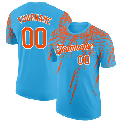 Custom Sky Blue Orange-White Distressed Scratch Brush Stroke Performance T-Shirt
