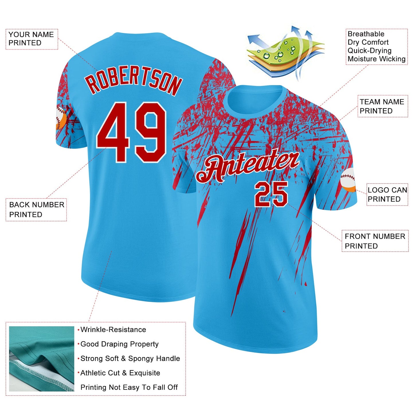Custom Sky Blue Red-White Distressed Scratch Brush Stroke Performance T-Shirt