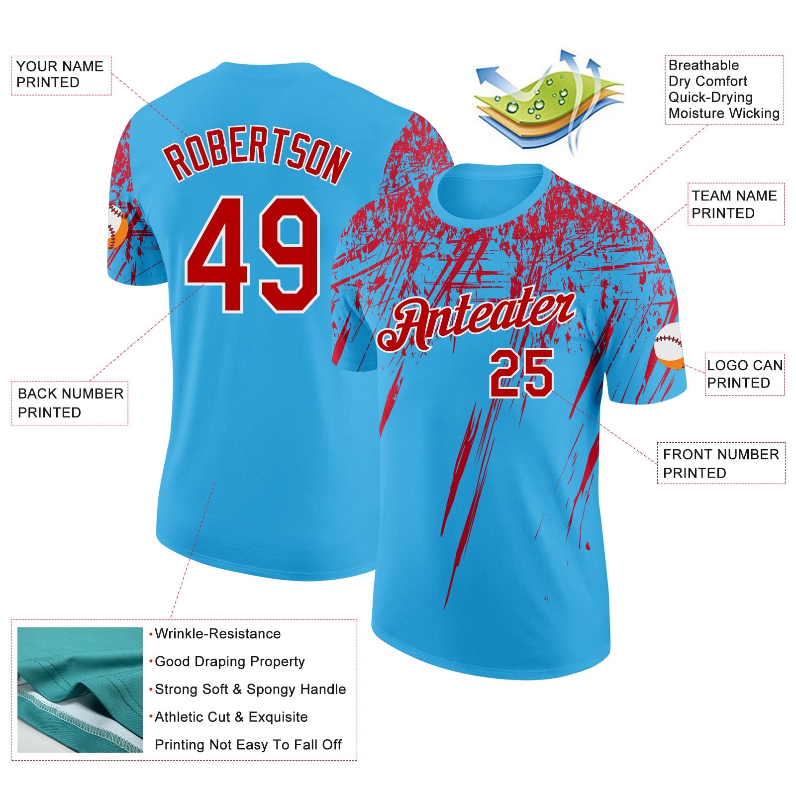 Custom Sky Blue Red-White Distressed Scratch Brush Stroke Performance T-Shirt
