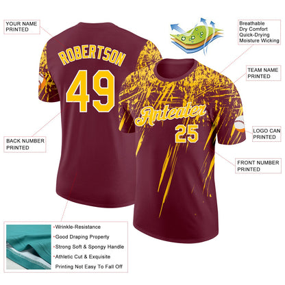 Custom Burgundy Yellow-White Distressed Scratch Brush Stroke Performance T-Shirt