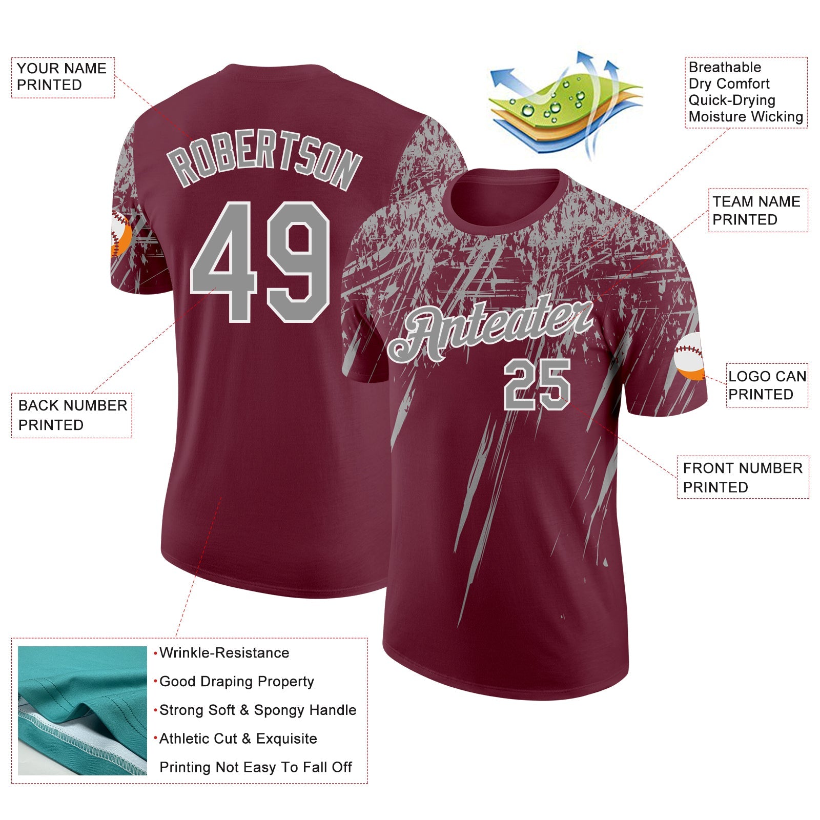 Custom Burgundy Gray-White Distressed Scratch Brush Stroke Performance T-Shirt