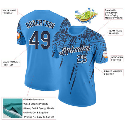 Custom Powder Blue Navy-White Distressed Scratch Brush Stroke Performance T-Shirt