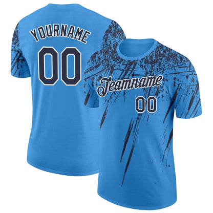 Custom Powder Blue Navy-White Distressed Scratch Brush Stroke Performance T-Shirt
