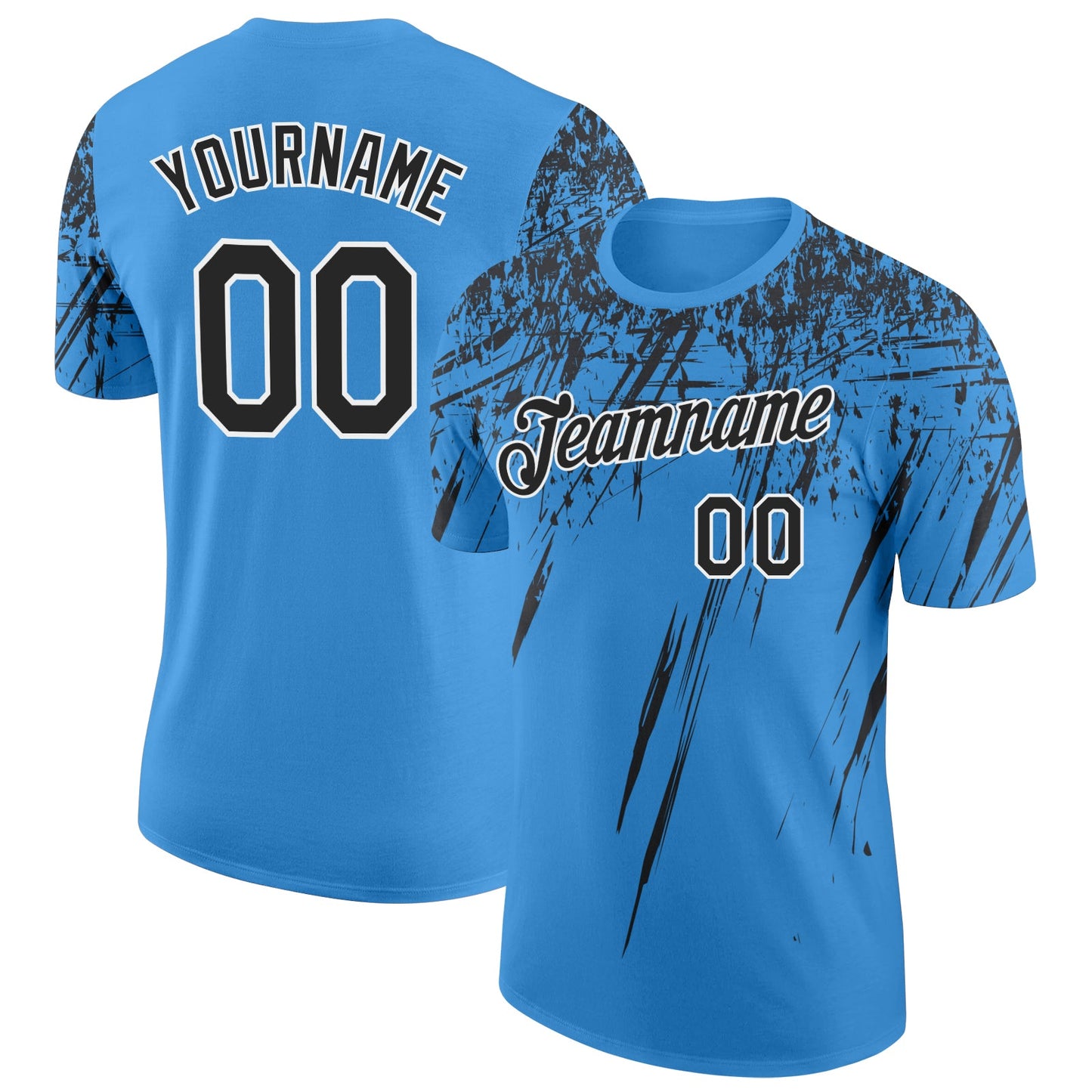 Custom Powder Blue Black-White Distressed Scratch Brush Stroke Performance T-Shirt