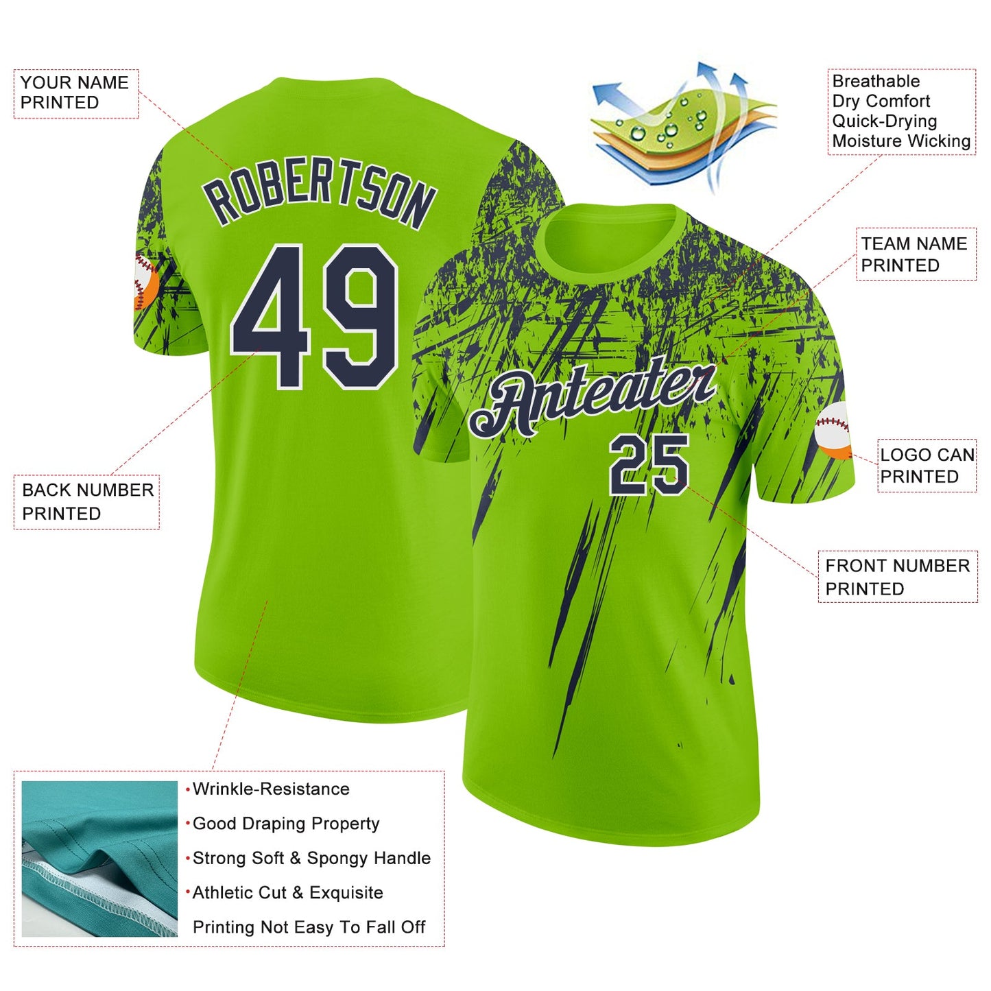 Custom Neon Green Navy-White Distressed Scratch Brush Stroke Performance T-Shirt