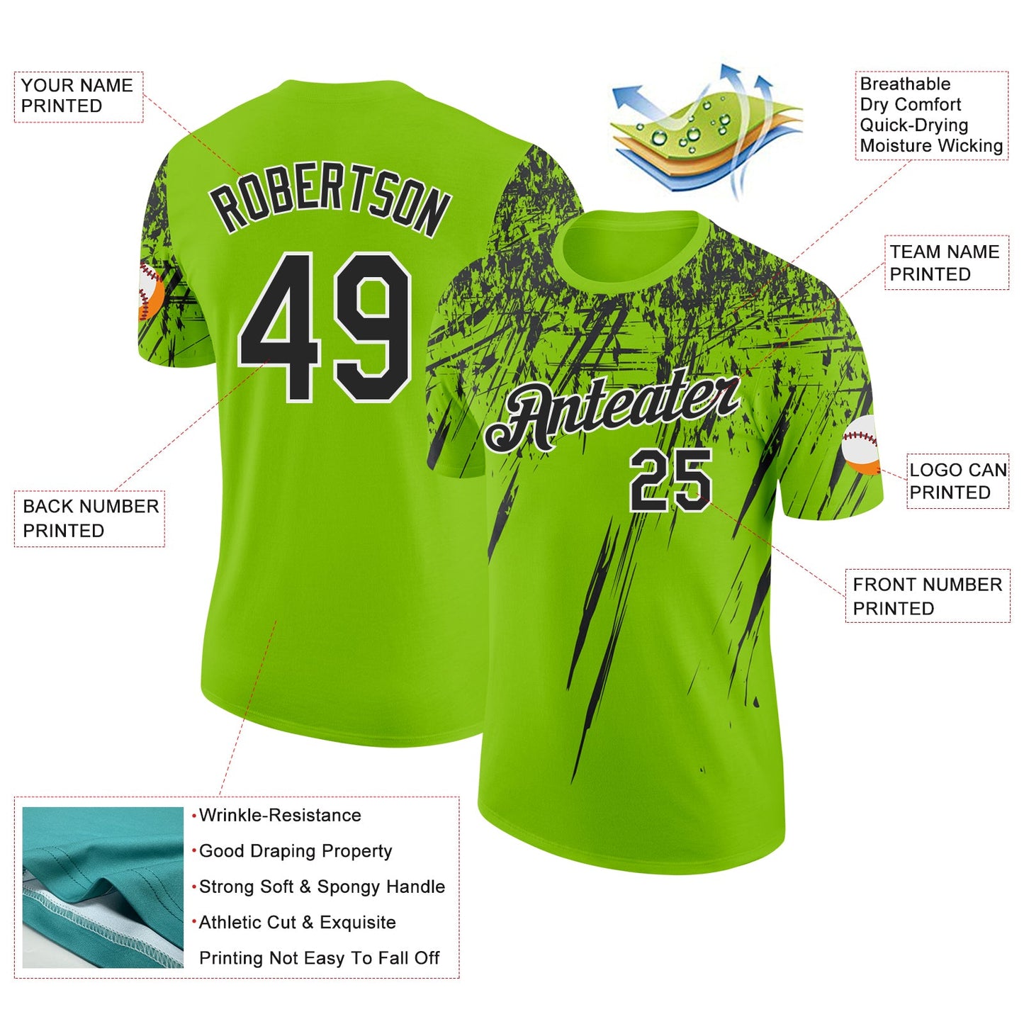Custom Neon Green Black-White Distressed Scratch Brush Stroke Performance T-Shirt