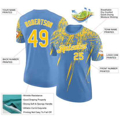 Custom Light Blue Yellow-White Distressed Scratch Brush Stroke Performance T-Shirt
