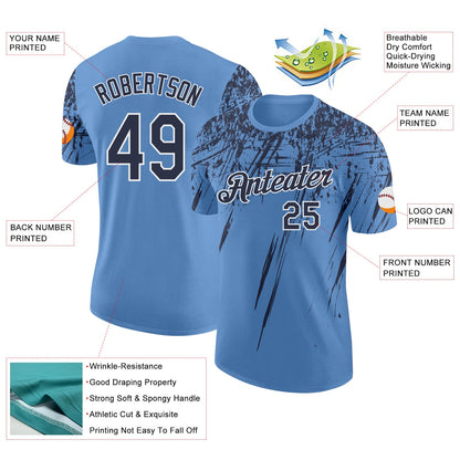 Custom Light Blue Navy-White Distressed Scratch Brush Stroke Performance T-Shirt