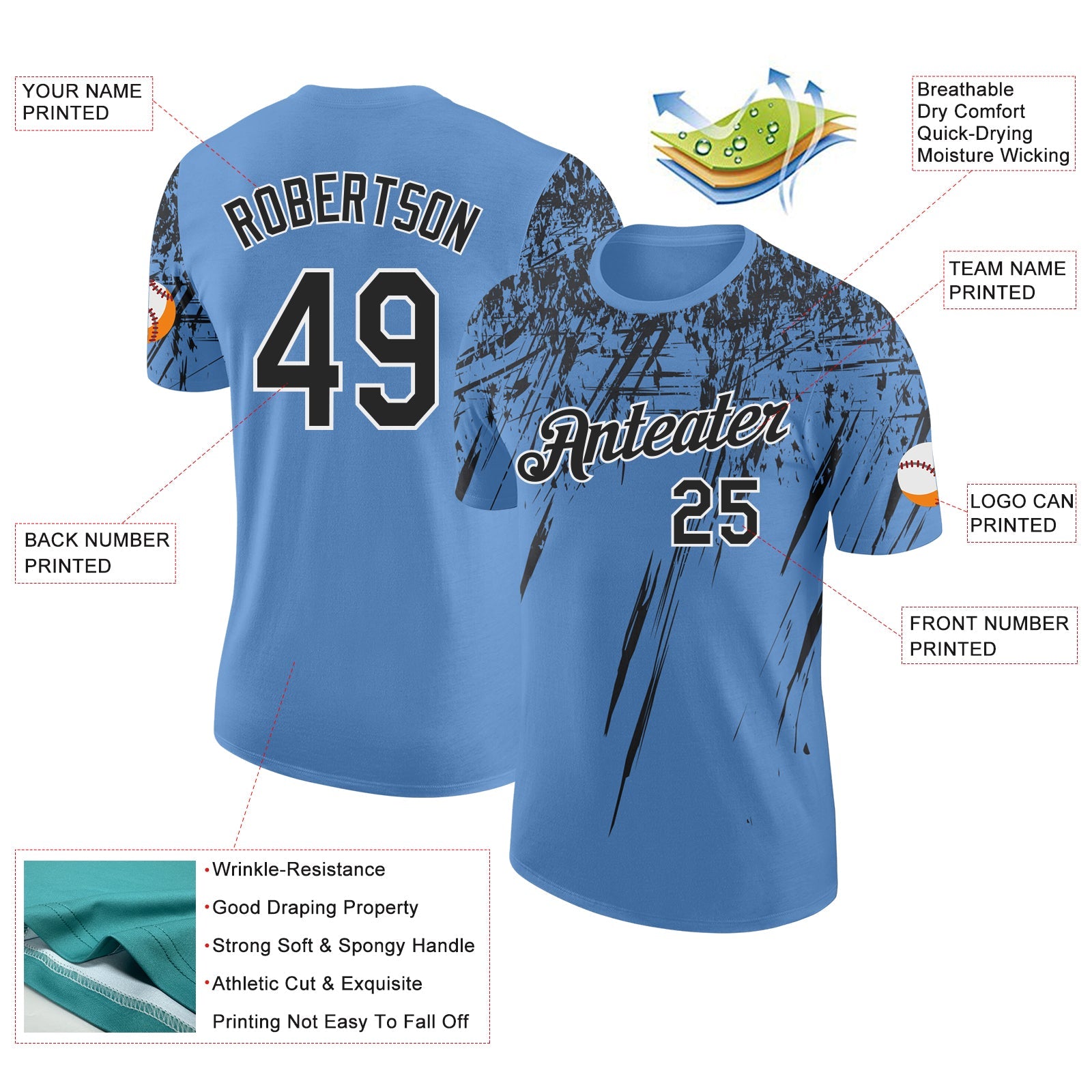 Custom Light Blue Black-White Distressed Scratch Brush Stroke Performance T-Shirt