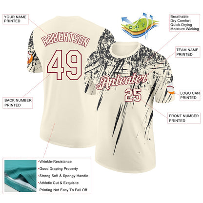 Custom Cream Black-Crimson Distressed Scratch Brush Stroke Performance T-Shirt