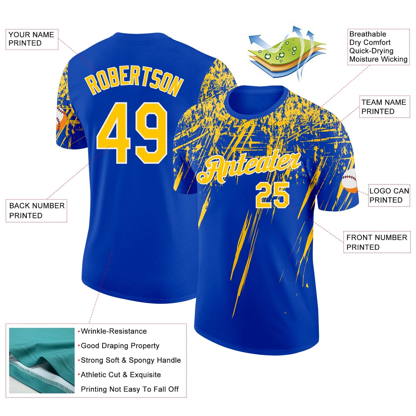 Custom Thunder Blue Yellow-White Distressed Scratch Brush Stroke Performance T-Shirt