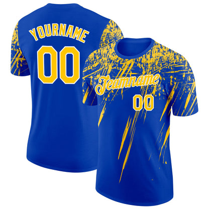 Custom Thunder Blue Yellow-White Distressed Scratch Brush Stroke Performance T-Shirt