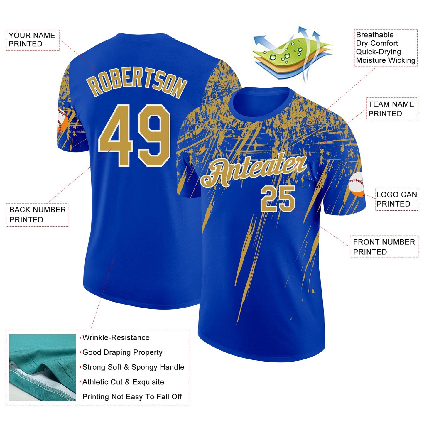 Custom Thunder Blue Old Gold-White Distressed Scratch Brush Stroke Performance T-Shirt