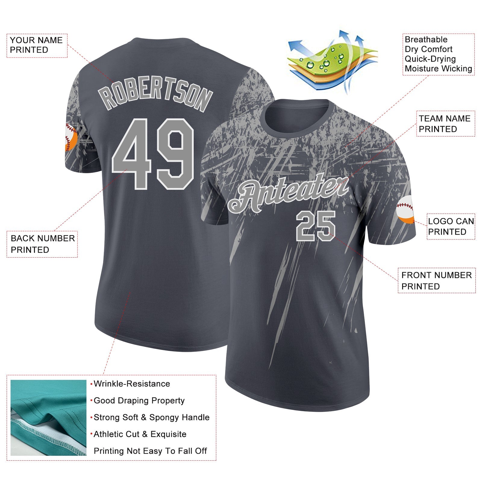 Custom Steel Gray Gray-White Distressed Scratch Brush Stroke Performance T-Shirt