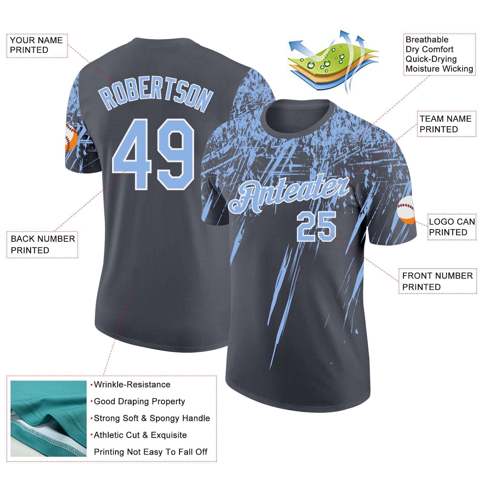 Custom Steel Gray Light Blue-White Distressed Scratch Brush Stroke Performance T-Shirt