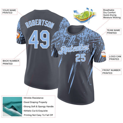 Custom Steel Gray Light Blue-White Distressed Scratch Brush Stroke Performance T-Shirt