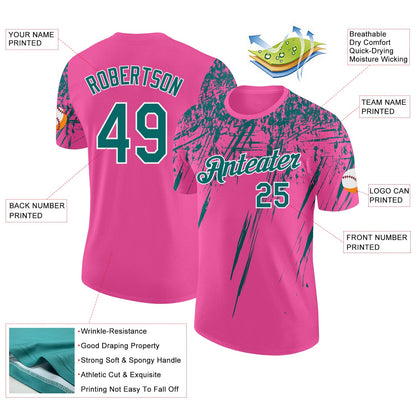 Custom Pink Teal-White Distressed Scratch Brush Stroke Performance T-Shirt