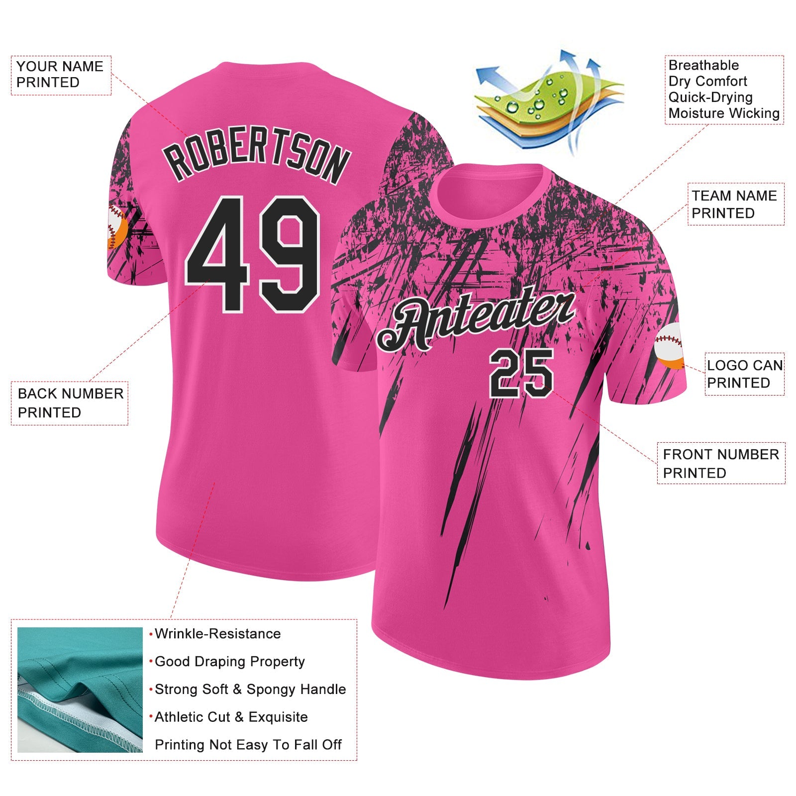 Custom Pink Black-White Distressed Scratch Brush Stroke Performance T-Shirt