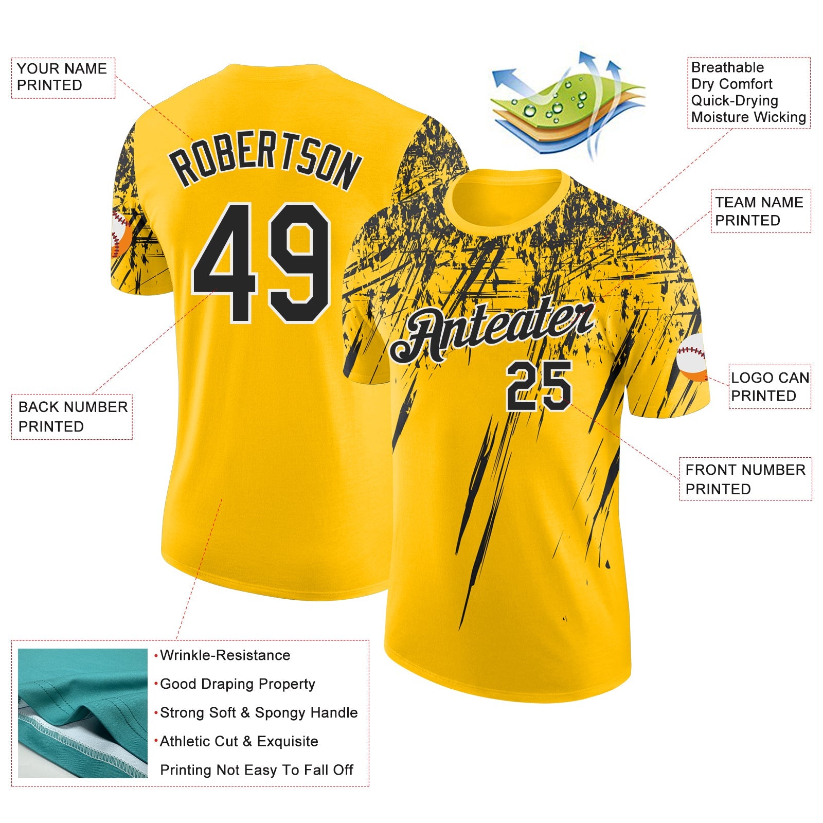 Custom Yellow Black-White Distressed Scratch Brush Stroke Performance T-Shirt