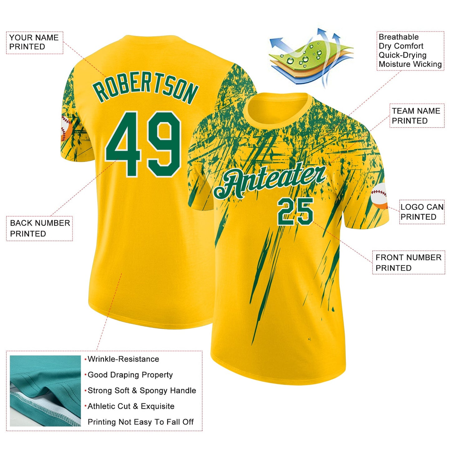Custom Yellow Kelly Green-White Distressed Scratch Brush Stroke Performance T-Shirt