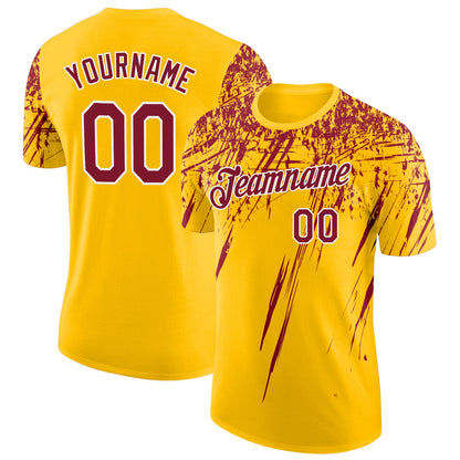 Custom Yellow Crimson-White Distressed Scratch Brush Stroke Performance T-Shirt