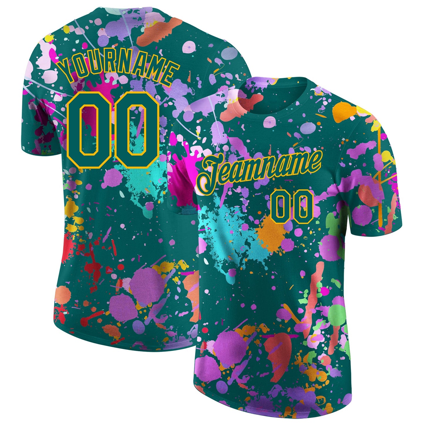 Custom Graffiti Pattern Teal-Gold Vibrant Multicolor Paint Splatter Performance T-Shirt