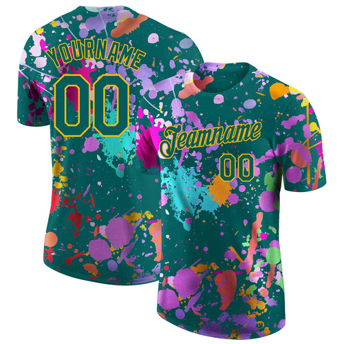 Custom Graffiti Pattern Teal-Gold Vibrant Multicolor Paint Splatter Performance T-Shirt