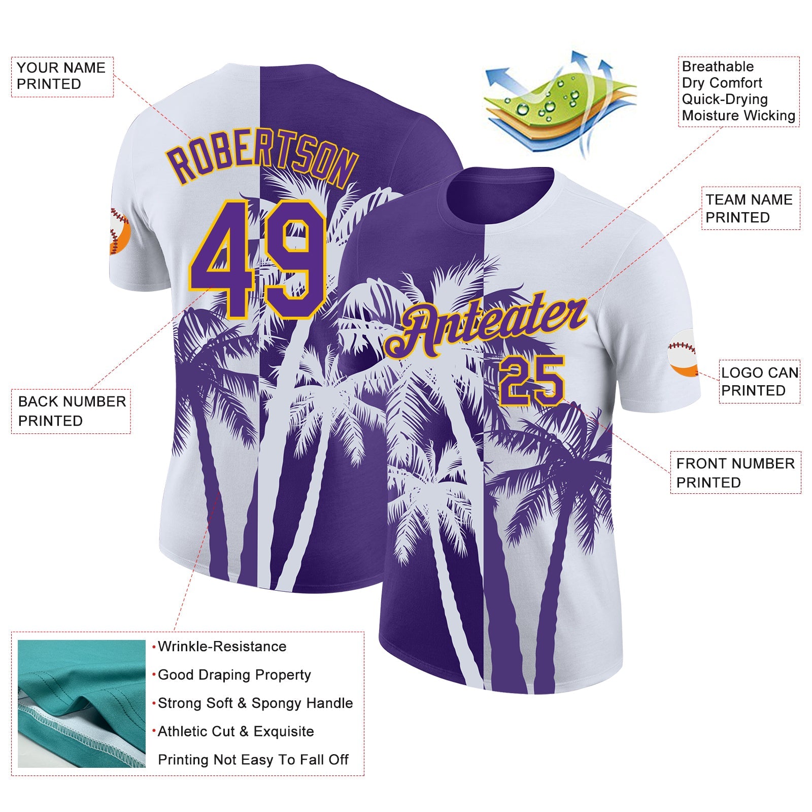 Custom White Purple-Yellow Hawaii Tropical Coastal Palm Trees Performance T-Shirt